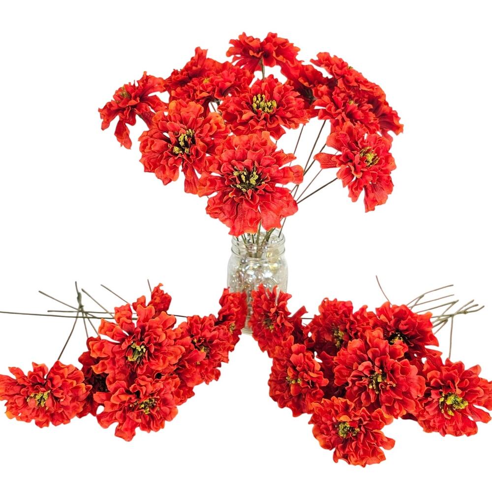 Silk Artificial Flowers Red Orange Zinnia 35 Stem Lot Floral Craft Wedding Home